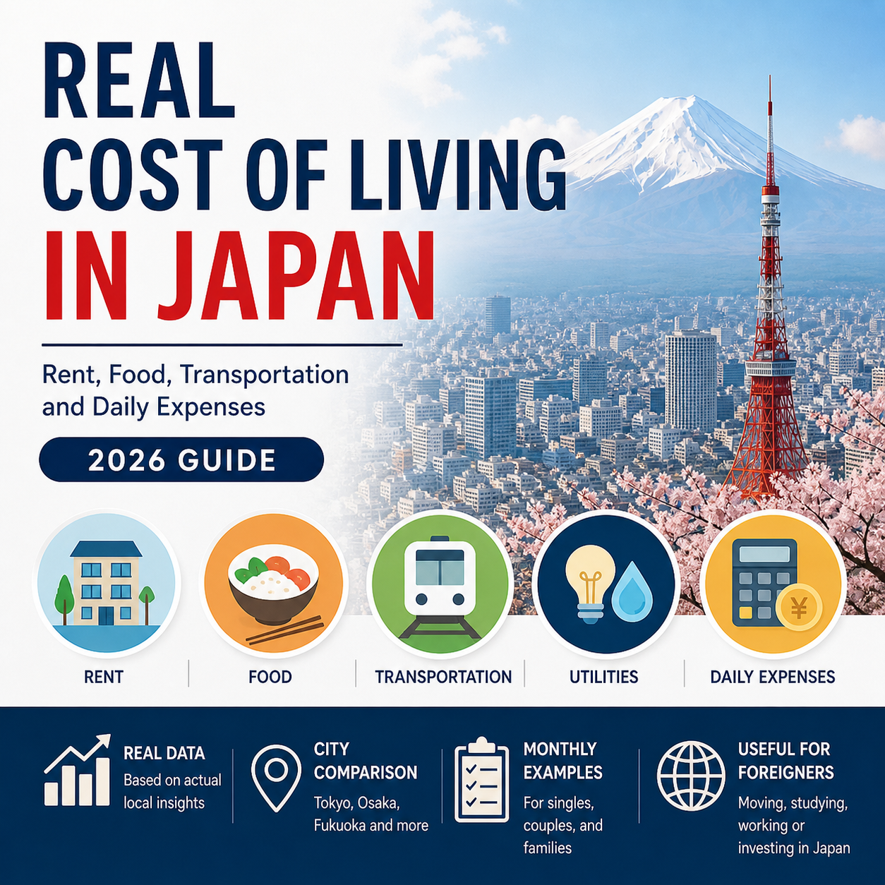 Real cost of living in Japan with monthly expenses, rent, food, transportation, and city comparison guide